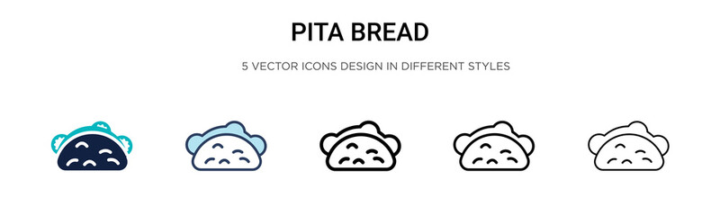 Pita bread icon in filled, thin line, outline and stroke style. Vector illustration of two colored and black pita bread vector icons designs can be used for mobile, ui, web