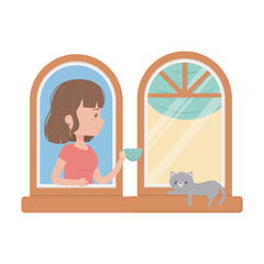 stay at home, young woman with cat in the window