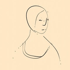 Female face contour drawing. Weird digital portrait. Graphic artwork of a human head.