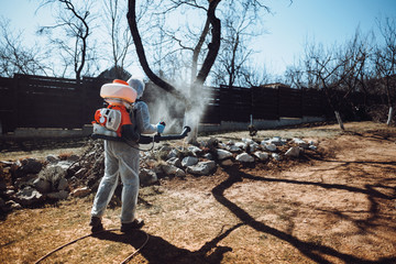 worker in protective clothing using mistblower and spraying pesticide on trees in orchard