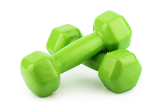 Green dumbbells isolated on white background
