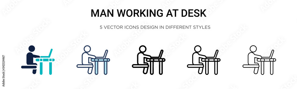 Poster man working at desk icon in filled, thin line, outline and stroke style. vector illustration of two 