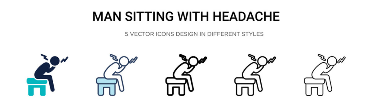 Man sitting with headache icon in filled, thin line, outline and stroke style. Vector illustration of two colored and black man sitting with headache vector icons designs 