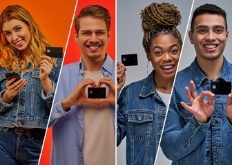 Set of people holding a credit card. Collage of happy people taking a credit card.