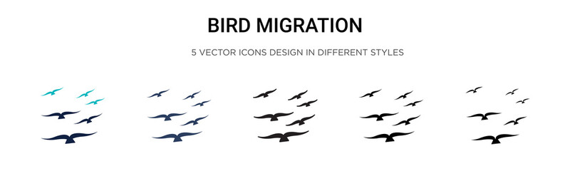 Bird migration icon in filled, thin line, outline and stroke style. Vector illustration of two colored and black bird migration vector icons designs can be used for mobile, ui, web