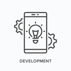 Development line icon. Vector outline illustration of mobile phone, light and cogwheel. Technology engineering pictorgam