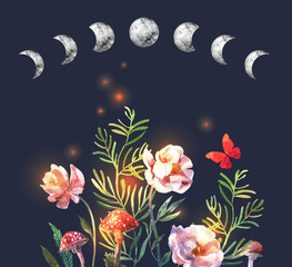 Watercolor moon phases  and flowers on dark background. Hand painted watercolor beautiful illustration. - 342326645
