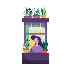 stay at home, coronavirus covid 19, woman looking at window with icon plant in pot decoration