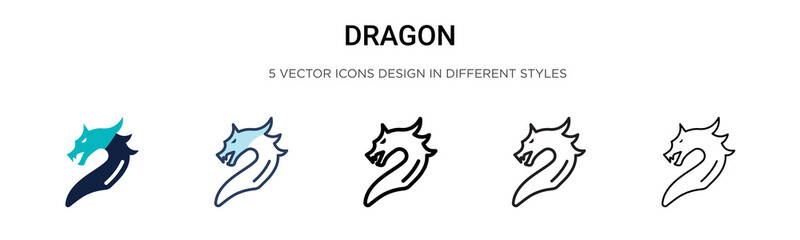 Dragon icon in filled, thin line, outline and stroke style. Vector illustration of two colored and black dragon vector icons designs can be used for mobile, ui, web