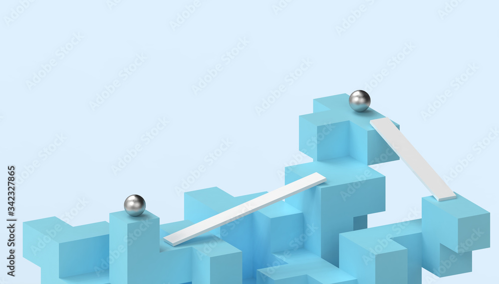 Poster creative idea geometric square box in random and ball with bridge form grame concept on blue backgro