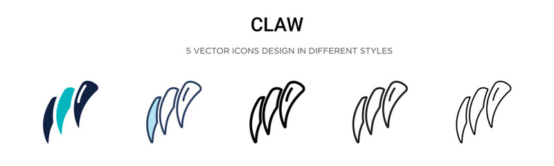 Claw icon in filled, thin line, outline and stroke style. Vector illustration of two colored and black claw vector icons designs can be used for mobile, ui, web