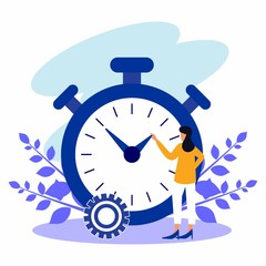 Vector illustration, young woman with a stopwatch with a white background, express service, time management concepts, fast reactions.