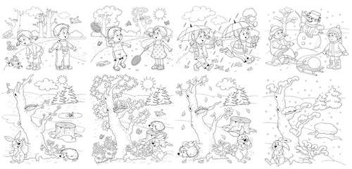 Fototapeta na wymiar Four seasons. Spring, summer, autumn, winter. Set of 8 pictures. Cute boy and girl are playing outdoors. In the forest. Coloring book. Poster. Illustration for children. Cartoon characters