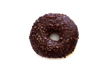 Chocolate donut isolated on the white background, top view. Appetizing donut
