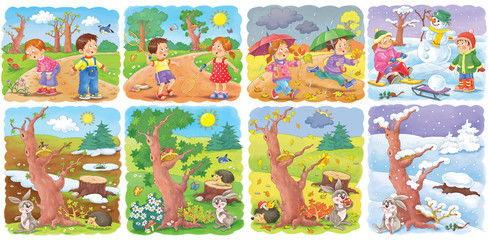 Four seasons. Spring, summer, autumn, winter. Set of 8 pictures. Cute boy and girl are playing outdoors. In the forest. Coloring book. Poster. Illustration for children. Cartoon characters