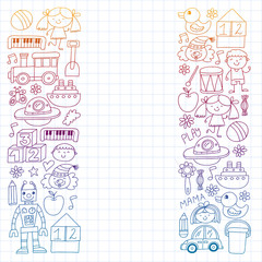 Kindergarten preschool school children. Kids drawing style vector pattern. Play grow learn together.