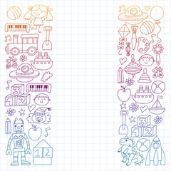 Kindergarten preschool school children. Kids drawing style vector pattern. Play grow learn together.