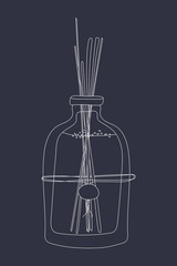 Hand-drawn doodle aromatic diffusers with wooden sticks in white outline isolated on a dark blue background. Stock vector illustrations.