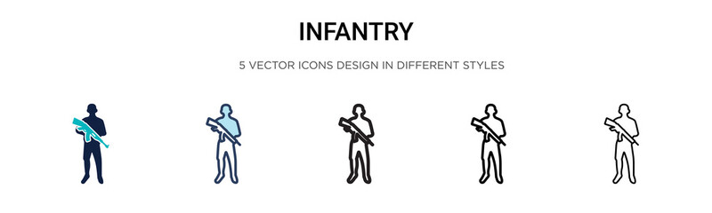 Infantry icon in filled, thin line, outline and stroke style. Vector illustration of two colored and black infantry vector icons designs can be used for mobile, ui, web