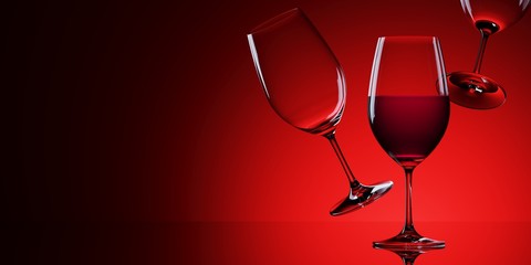 Minimal composition for dining and lifestyle concept. Red wine glasses isolated on red background. 3d rendering illustration.