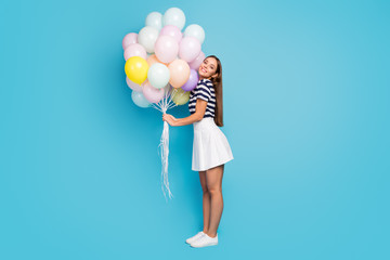 Full body profile photo of beautiful pretty lady bring many colorful balloons friend birthday party...