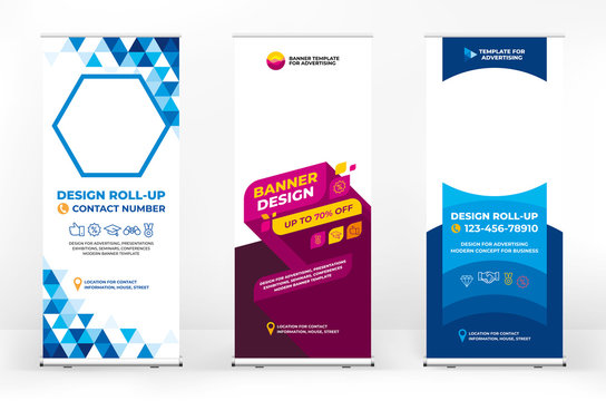 Set of different design options for advertising banners roll-up, modern design for presentations, covers, exhibitions, portable banner for street advertising, banner for conferences and seminars