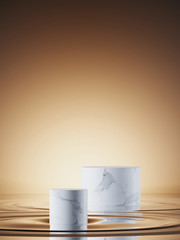 Cosmetic background for product presentation. White marble podium on water ripple surface. 3d rendering illustration.