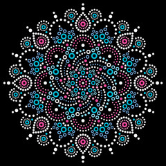 Aboriginal bohemian dot painting mandala vector pattern, Australian dot art ornament in white, pink and blue on black
