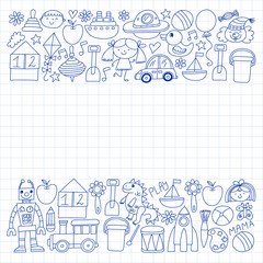 Kindergarten preschool school children. Kids drawing style vector pattern. Play grow learn together.