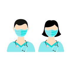 Fototapeta premium Man and Woman in face protective medical mask for prevent virus Wuhan Covid-19. Vector illustration. Woman and man wearing a surgical mask on a white background