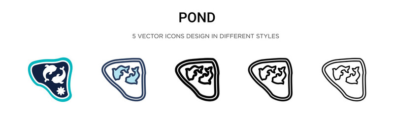 Pond icon in filled, thin line, outline and stroke style. Vector illustration of two colored and black pond vector icons designs can be used for mobile, ui, web