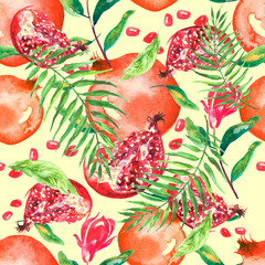 Obraz na płótnie Canvas Watercolor, vintage seamless pattern - fruit ripe pomegranate. Vintage drawing of fruits, stones, tropical flowers, plants and leaves. Fashionable pattern of red color. Art background. Tropical 