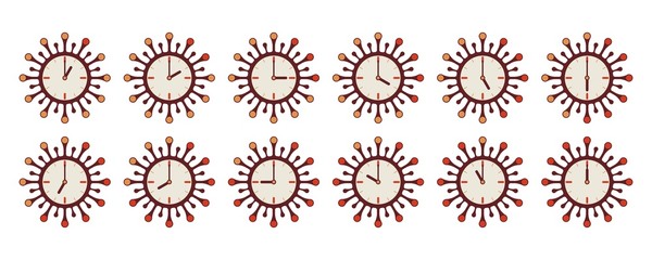 Clock in the shape of a coronavirus with arrows.