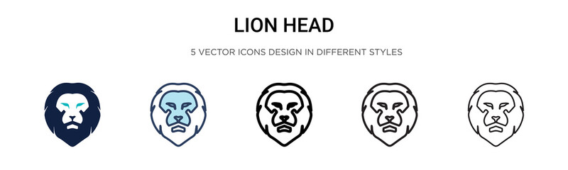 Lion head icon in filled, thin line, outline and stroke style. Vector illustration of two colored and black lion head vector icons designs can be used for mobile, ui, web