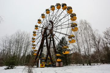Abandoned amusement park in ghost town Prypiat. Priryat, Chornobyl exclusion zone. December 2016