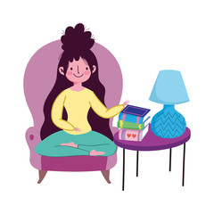 girl sitting chair with books and lamp on table quarantine stay at home