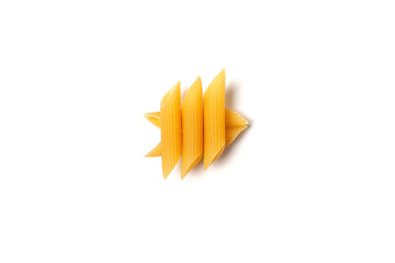 Penne pasta isolated. Raw macaroni isolated on white background.