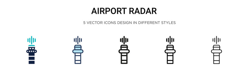 Naklejka premium Airport radar icon in filled, thin line, outline and stroke style. Vector illustration of two colored and black airport radar vector icons designs can be used for mobile, ui, web