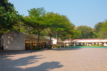 Hong Kong Shaolin Wushu Culture Centre entrance, Tai O, China. Beautiful martial arts spot. Empty, nobody is training. Surrounded with trees. Sunny day. 