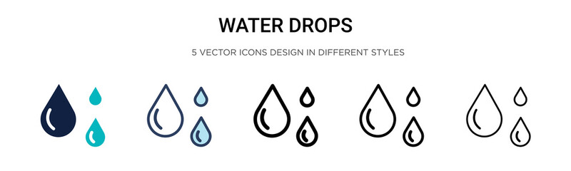 Water drops icon in filled, thin line, outline and stroke style. Vector illustration of two colored and black water drops vector icons designs can be used for mobile, ui, web - obrazy, fototapety, plakaty