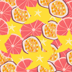 Juicy fruits: grapefruit, carambola, passion fruit. Vector element of seamless pattern.