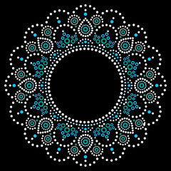Mandala Aboriginal dot painting tribal vector design, boho style Australian dot art pattern in white and blue on black
