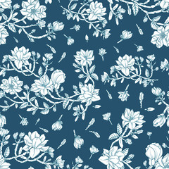 blue background with some interesting hand drawn white magnolia flowers.