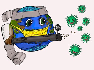Colorful poster about the Earth wrapped in toilet paper shoots coronavirus with buckwheat bazooka. Hand drawn humorous cartoon about Earth which fight with COVID-19. Isolated on white background.