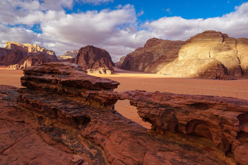 WADI RUM DESERT, JORDAN - FEBRUARY 10, 2020: View towards rock formation The little bridge