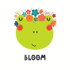 Hand drawn vector illustration of a cute frog face in a flower crown, with lettering quote Bloom. Isolated objects on white. Scandinavian style flat design. Concept for children print.