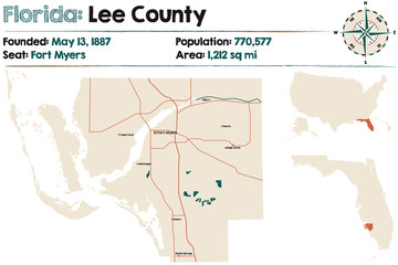 Large and detailed map of Lee county in Florida, USA.