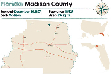 Large and detailed map of Madison county in Florida, USA.