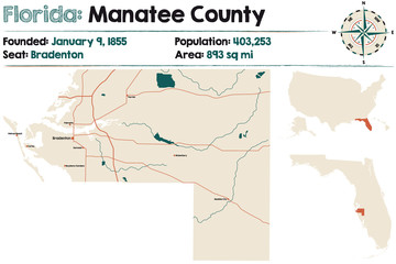 Large and detailed map of Manatee county in Florida, USA.