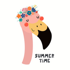 Hand drawn vector illustration of a cute flamingo face in a flower crown, with lettering quote Summer Time. Isolated objects on white. Scandinavian style flat design. Concept for children print.
